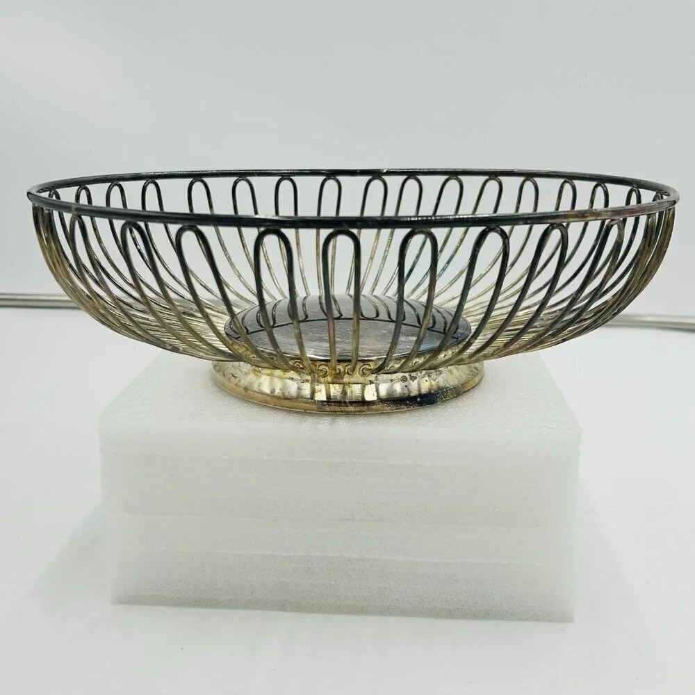 Godinger Wire Bread Basket Silver Plated Fruit Bowl 10” X 8.5” Oval Shaped Bowl